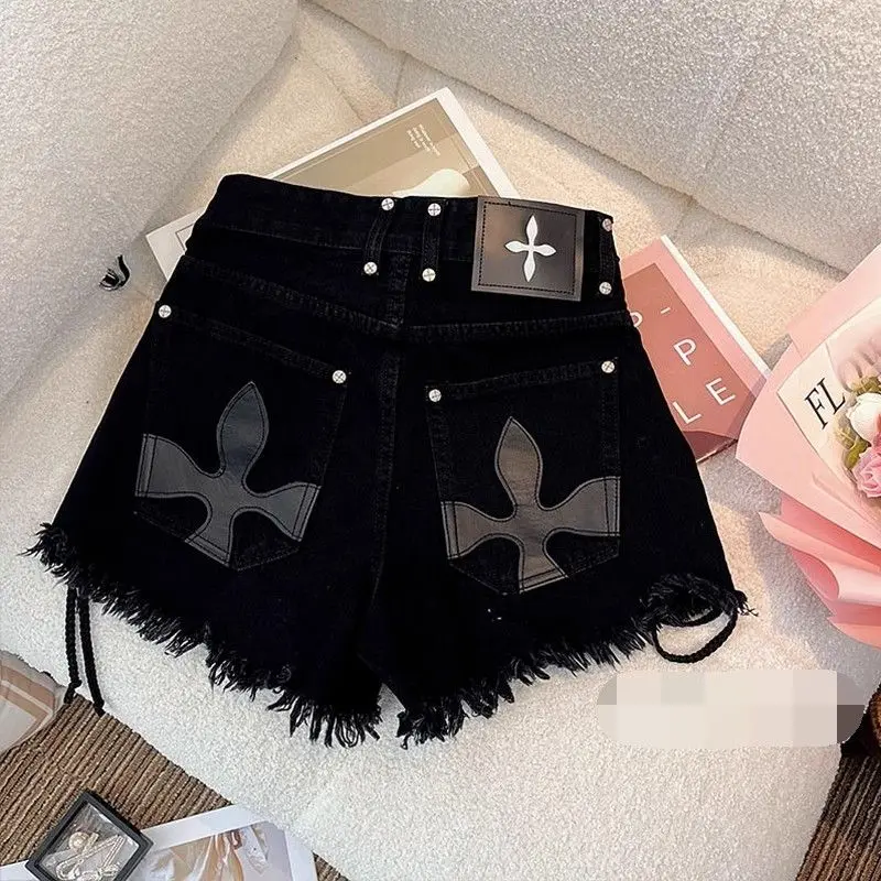 Seluar Pendek Denim, Hitam, Untuk Wanita, Longgar, Sesuai untuk Musim Panas, Saiz Besar, Gadis Montok, Pinggang Tinggi, Kesan Pelangsingan Badan, Rekaan Cantik, Garis A Niche, Kaki Lebar, Seluar Panas