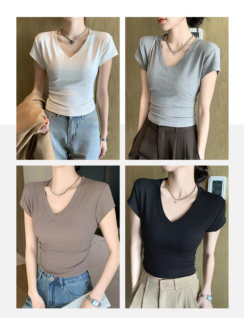 Product Introduction of Summer New Slim Fit V-Neck Short Sleeve T-Shirt for Women, Versatile Waist-Cinching Slimming High-End Top, Niche Style 7