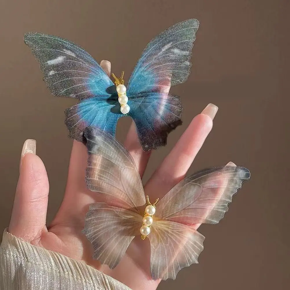 Ethereal Elegance Muslin Butterfly Barrette with Edged Pearl Hair Accessory