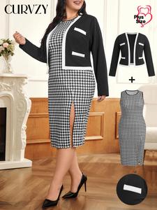CURVZY Plus Size Houndstooth Print Split Thigh Dress & Colorblock Pocket Open Front Outerwear Two-piece Set, Casual Fashion Cozy Two Piece Outfits for Daily Outdoor Wear, Women Clothing for All Seasons