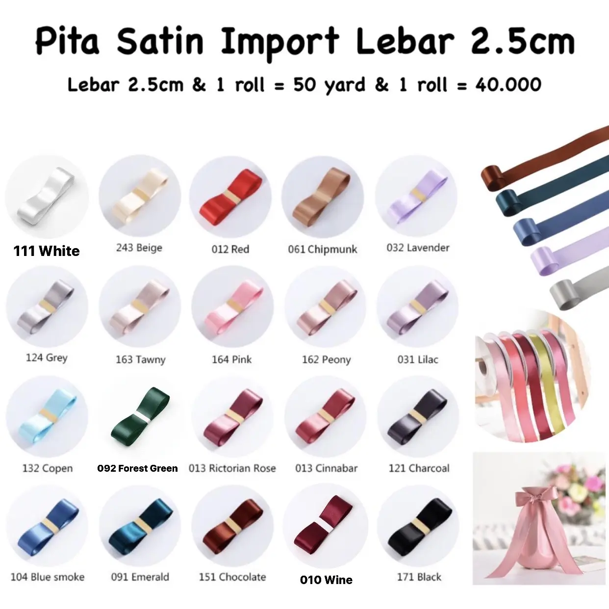 Pita Satin 2.5 cm Premium [Ecer per meter] untuk Hampers Buket Kado Natal Kain Besar 1 inch