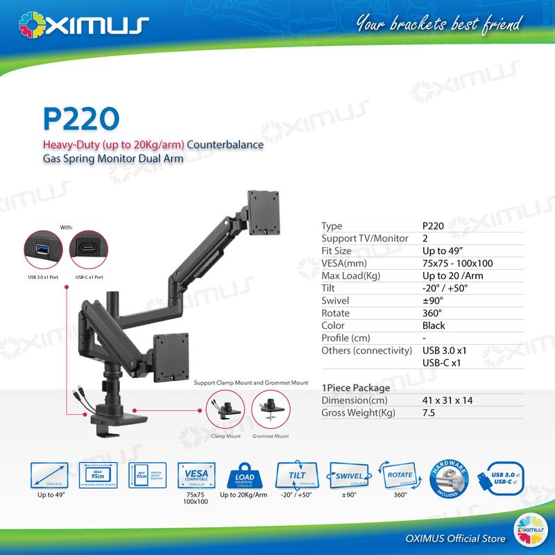 Heavy-Duty Counterbalance Gas spring Monitor Dual Arm OXIMUS P220 ...