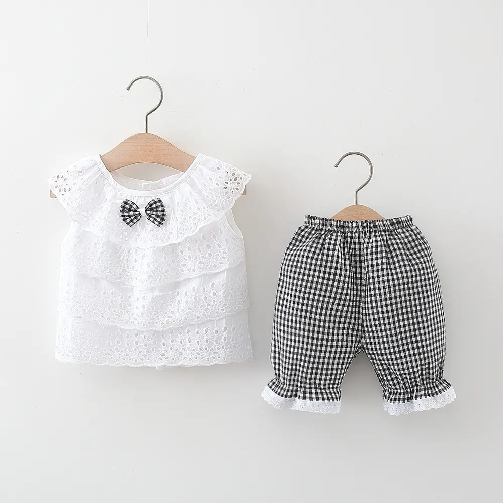 2PCS Summer New Girl Baby Short Sleeve Top+plaid Shorts Two Piece Set Girls' Clothing