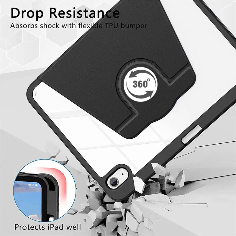 720Rotate Flip Case 10.2 inch iPad 5 6 9 7th 8th Gen Autolock Foldable Case IPad Pro 10 11 Acrylic Crystal Clear Protective Tablet Holder Case with Pencil Holder Cover Protection Casing 5