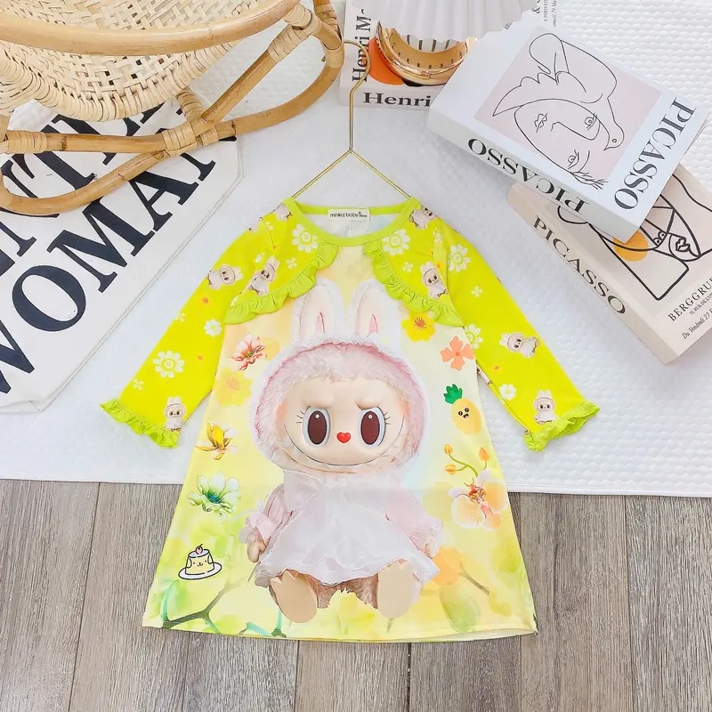 Bộ váy dài tay Cho Bé Gái 7-30kg-từ 7 tuổi trở xuống-Bộ Dài Tay In Hình Hoạ Tiết LABUBU, chất thun lạnh 3D Cho bé gái mềm mịn thoáng mát Có độ co giãn 4 chiều cho bé hoạt động thoải mái dành cho bé cao dưới 1m5 set baby mềm 1