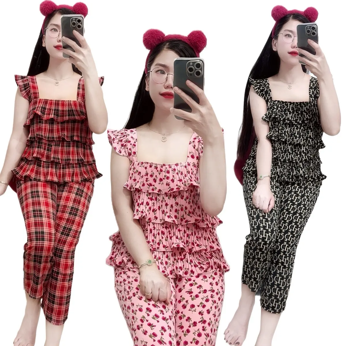 Đồ Bộ Xếp Ly Tầng, Áo Cánh Tiên Quần Lửng, Chất Vải Mango Mịn Mát Không Nhăn Có Nhiều Hoạ Tiết Dễ Thương (Top Women Nhung) Ong set botieuthu