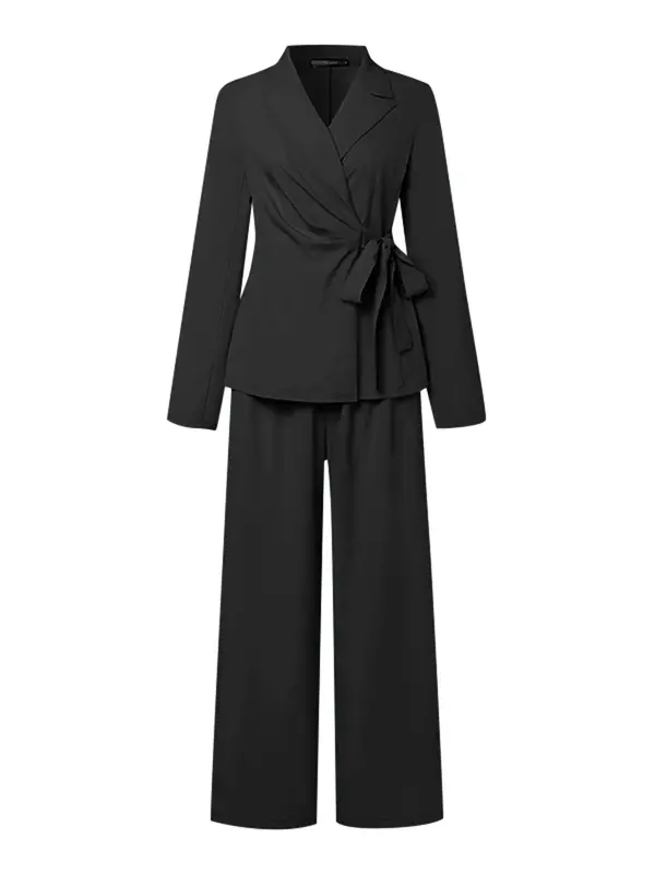 Women's Solid Tie Front Wrap Lapel Neck Blazer & Pants Set, Casual Chic Long Sleeve Outerwear & Wide Leg Trousers, Women's Fall & Winter Clothes for Work Office Business, Elegant Suits, Corporate Outfits Women, Womenswear 5