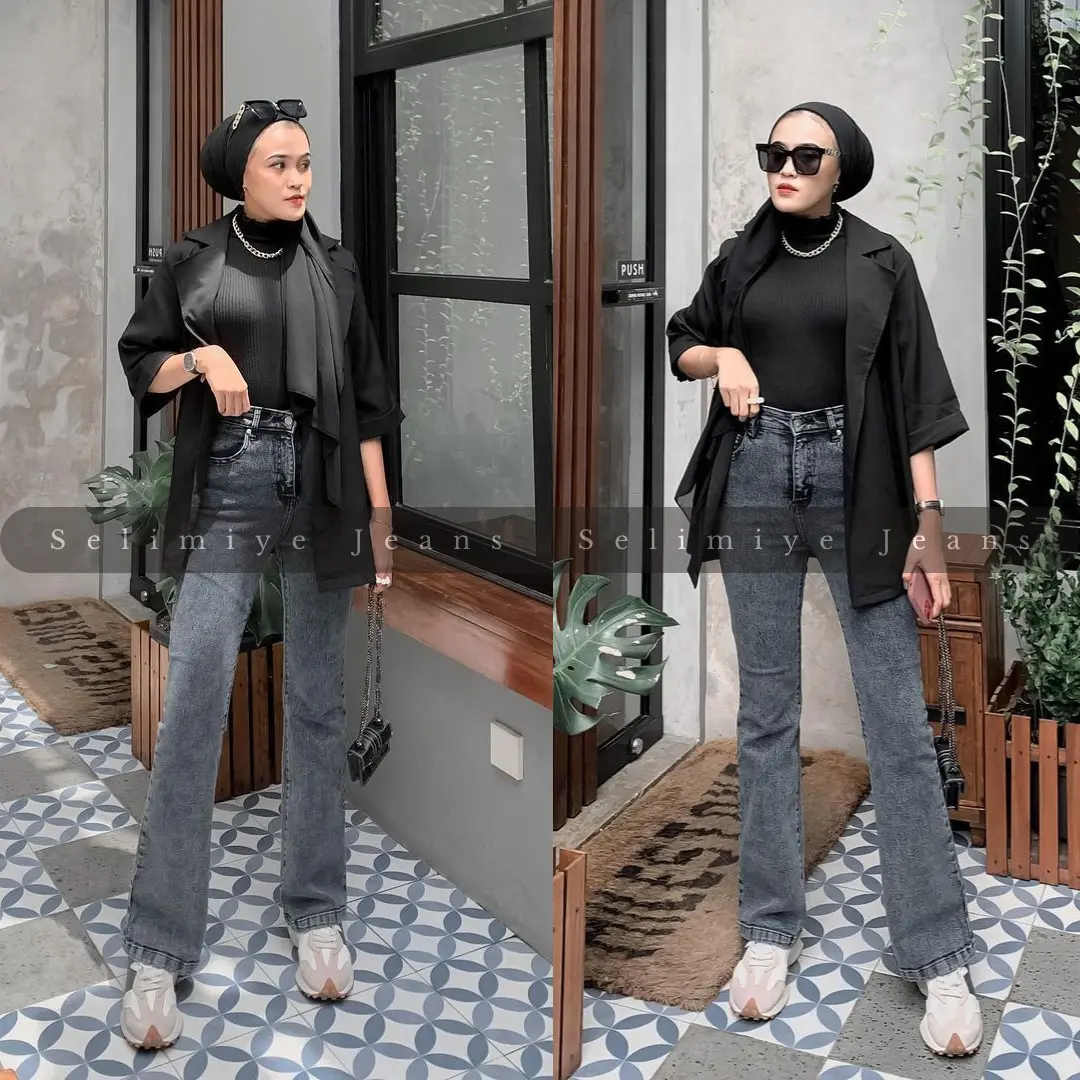 Highwaist Celana Jeans Wanita Cutbray Snow Black-Melar Ter viral