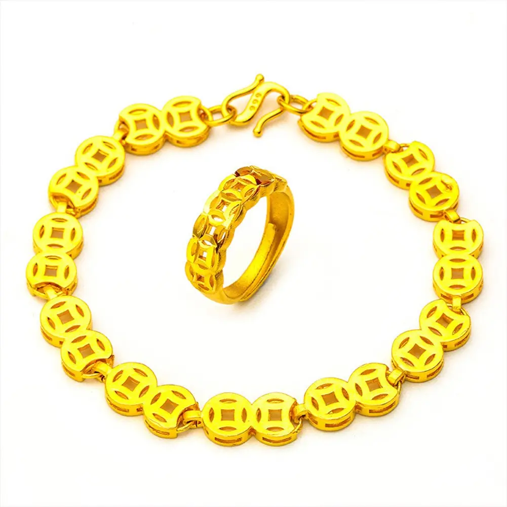 [COD] Vietnam Sand Gold Women Coin Bracelet Ring Set, Frosted Sandblasted Lucky Jewelry, Adjustable Size, Comfortable Fit for Casual & Special Occasions