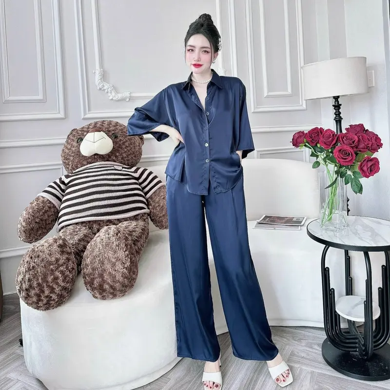 Set Sơ Mi Lụa Latin Tay Lỡ Quần Dài Có Túi (Freesize40-70kg) Women Nữ Áo 0