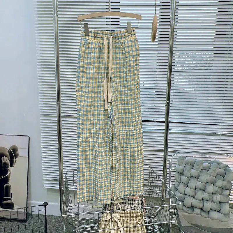 Quần Ống Rộng Nữ Kẻ Caro Chất Đũi Mềm Cạp Chun Dây Rút 684 Ong Pants 6