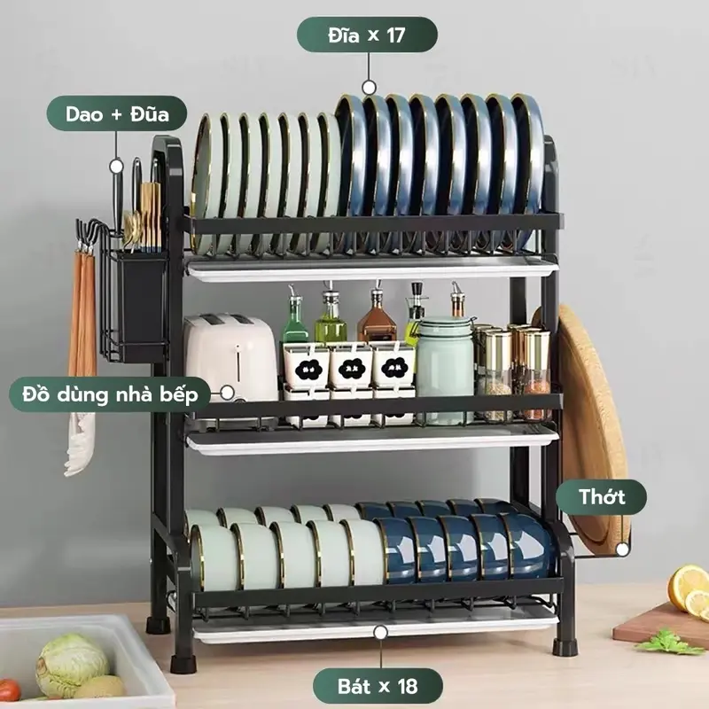 Kệ Đựng Bát Đĩa 2/3 Tầng Có Khay Hứng Nước Sạch Sẽ Tiện Lợi Kitchen Nhà Bếp (ảnh thật ở cuối) kedung  chenbat 4