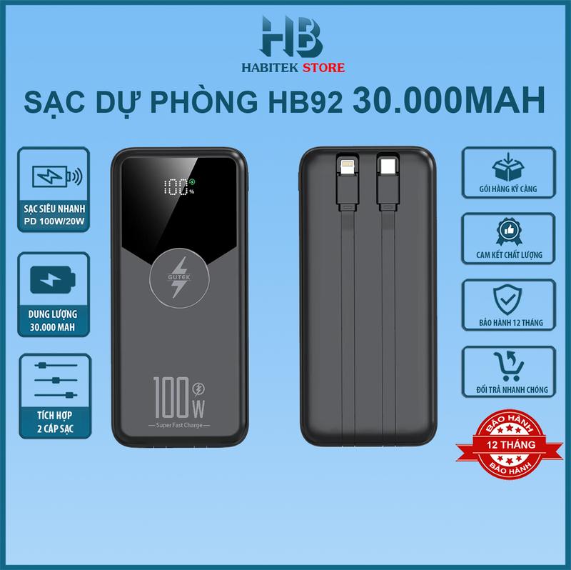 Sạc Dự Phòng HB92 30.000MAH 50000MAH , Sạc Siêu Nhanh, Tích Hợp 2 Dây Sạc, Hiển thị màn hình LED, Bảo Hành 12 Tháng [ Đổi trả bất kỳ lý do gì ] Phụ Kiện Điện Thoại Pin Dự Phòng