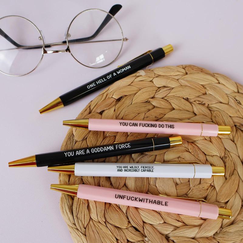 Product Introduction of Motivational Letter Pattern Ballpoint Pen Set, 5 Counts/set Creative Funny Slogan Ballpoint Pen, Writing Pen for Office School Student 6