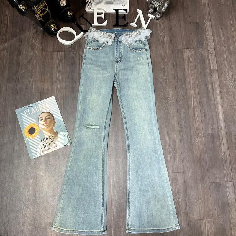 Quần jean pass loe thêu hoa đá cạp quần hàng siêu cấp QC