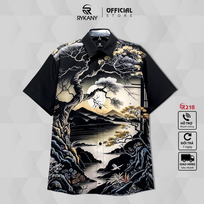 Áo sơ mi nam tay ngắn Đêm trăng, vải lụa THÁI, co giãn, thoáng mát, hoa văn khớp hình khi mặc (R218) Menswear Shirt