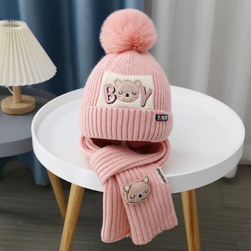 Product Introduction of 2Pcs/Set Gifts Cute Children Hat Scarf Set Woolen Warm Kids Beanie Caps Pompom Cartoon Bear Beanie Hat Scarf for Kids Boys Girls 16