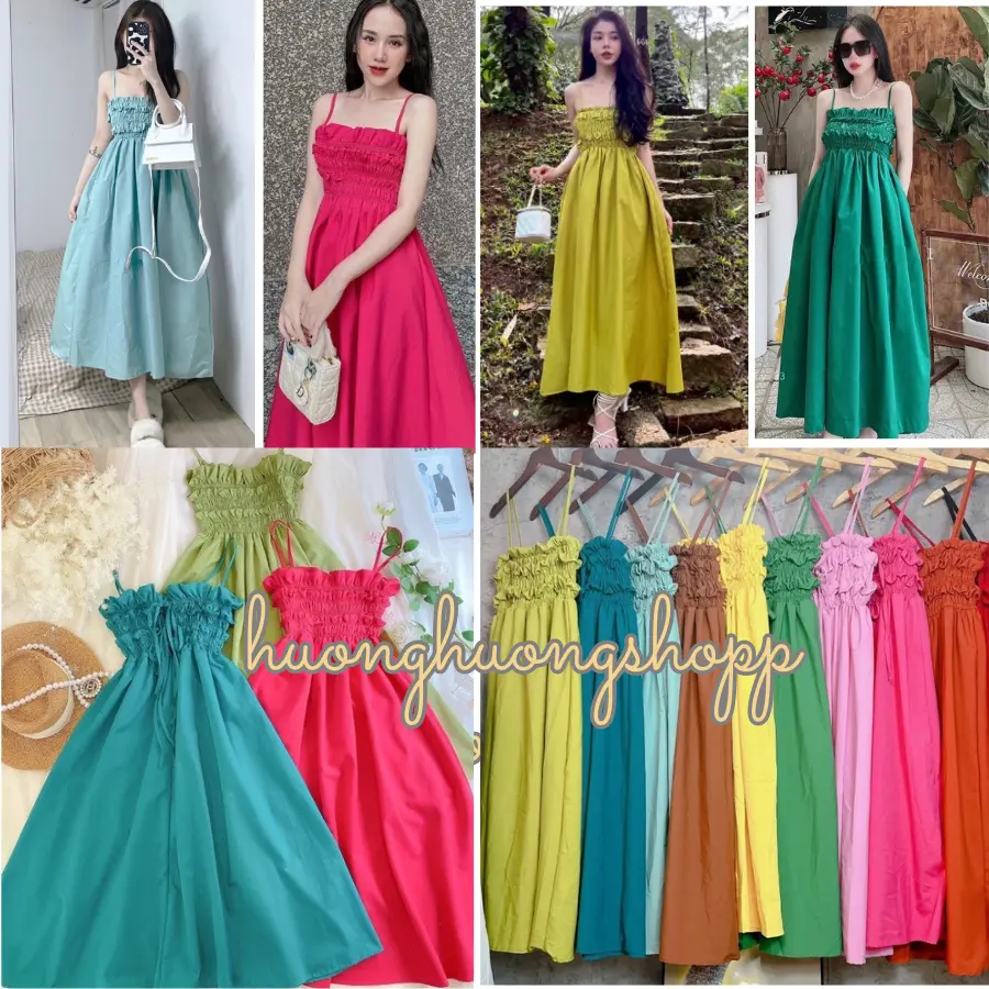 Váy Maxi 2 Dây Chun Bèo Nơ Sau Siêu Xinh M Green