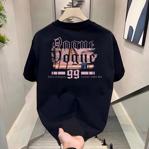 ผ้าฝ้ายคอกลมแขนสั้นเสื ้อยืดผู้ชายเทรนด์ภาษาอ ังกฤษพิมพ์ฤดูร้อนด้านบ หลวมพร้อมเสื้อยืดขนาด