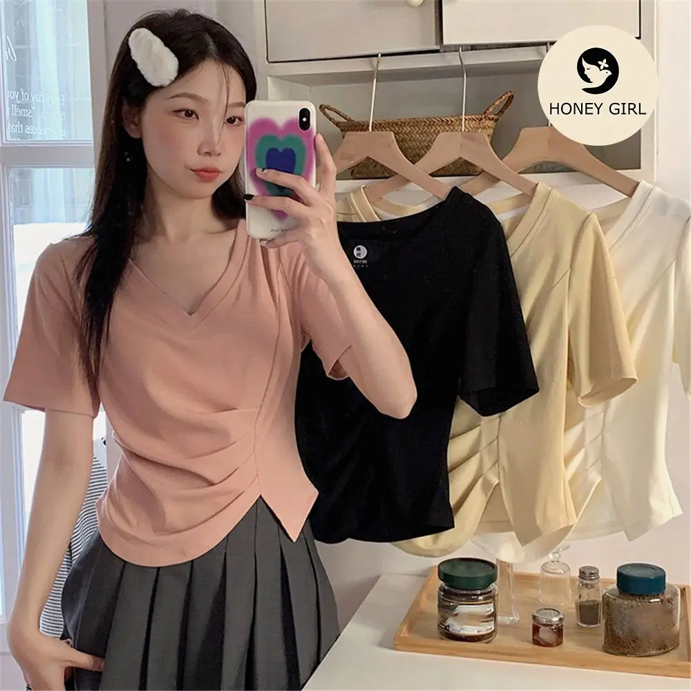 Áo Thun Cổ Chữ V, Dành Cho Nữ, Bộ Sưu Tập Mùa Hè, Hàng Mới Về, Ngoại Cỡ, Vai Thẳng, Thiết Kế Bất Đối Xứng Ngắn Tay, Áo Đơn Giản Tươi Mới, HoneyGirl