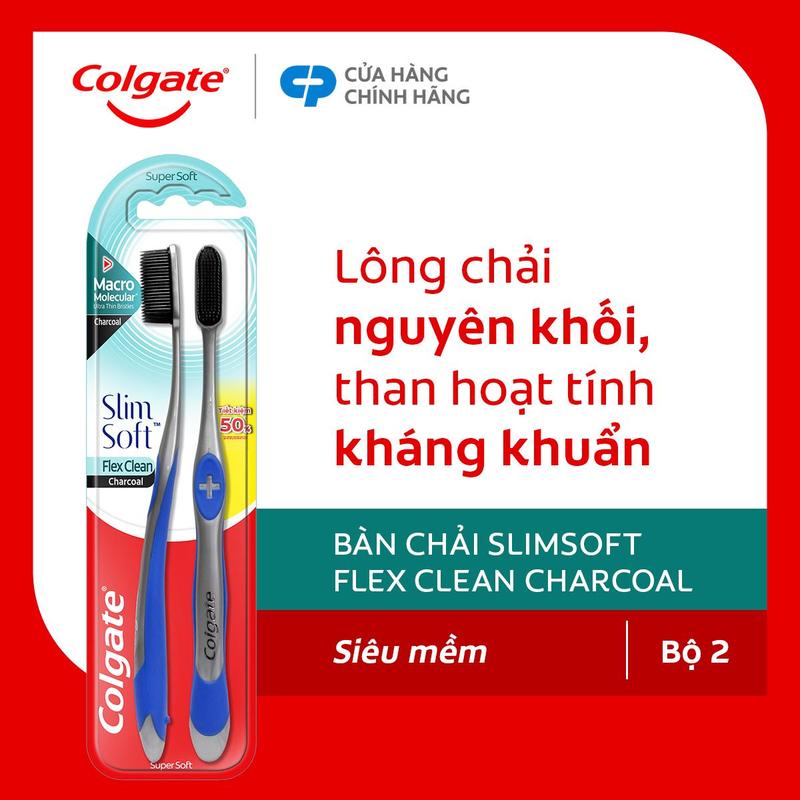  Bộ 2 Bàn chải đánh răng Colgate than hoạt tính kháng khuẩn Slimsoft Flex Clean Charcoal nguyên khối 