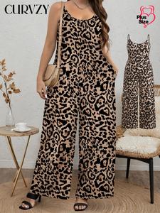 CURVZY Plus Size Leopard Print Jumpsuit, Casual Sleeveless Jumpsuit for Summer, Women's Plus Clothing for Daily Wear, Womenswear