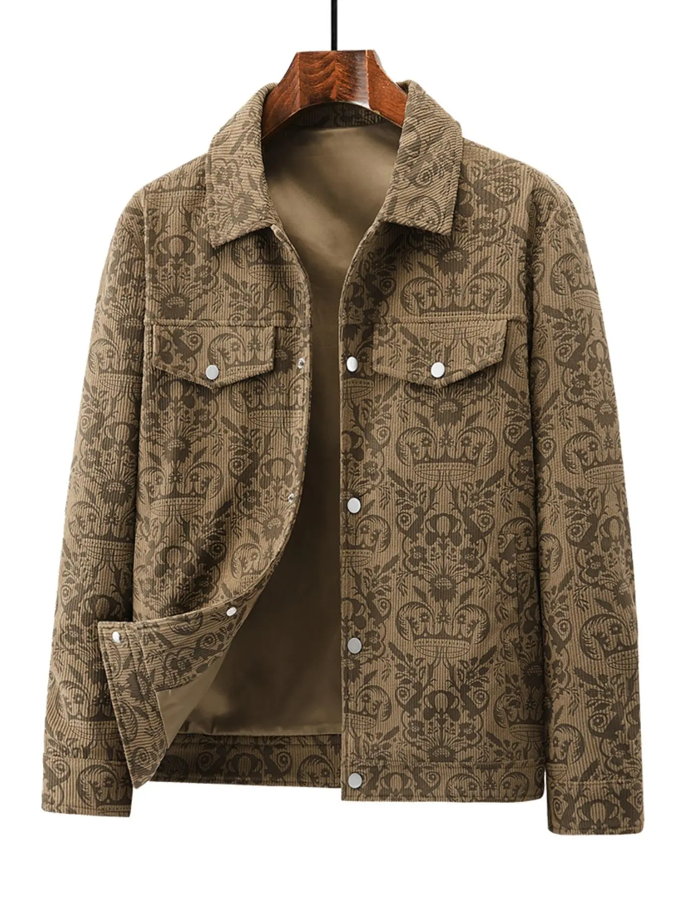 Men's All Over Print Button Front Jacket, Regular Fit Casual Long Sleeve Collared Outerwear for Spring & Fall, Fashion Men's Clothes for Daily Wear