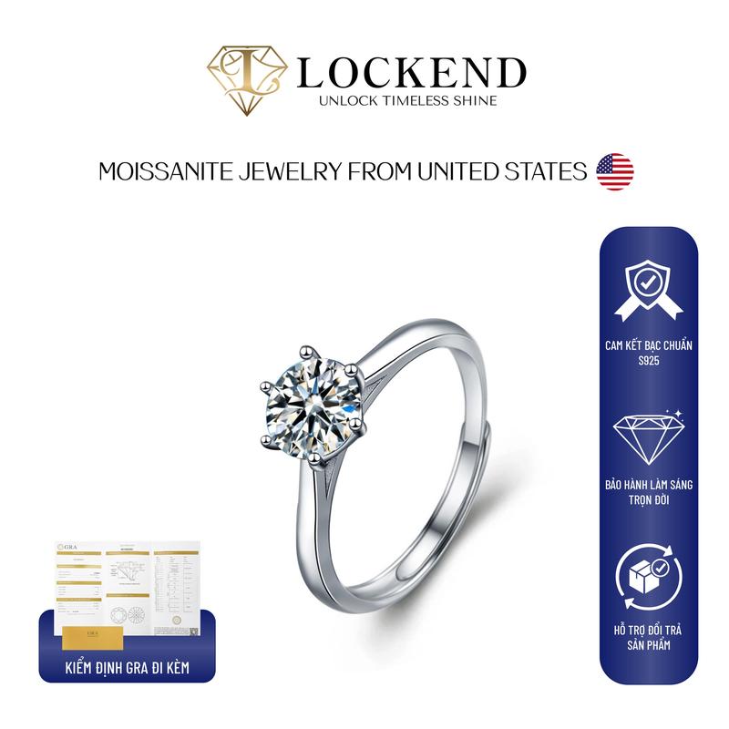 [Lockend] Nhẫn nữ trơn 6 chấu thanh lịch bạc 925 đính đá Moissanite 1 carat màu D có chứng chỉ GRA sang trọng tinh tế AZ158-J1