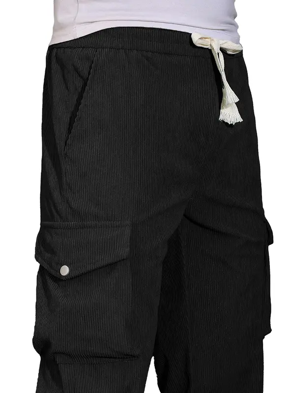 Men's Solid Pocket Drawstring Waist Corduroy Pants, Regular Fit Casual Street Fashion Trousers for Spring & Fall, Men's Bottoms for Daily Wear 3