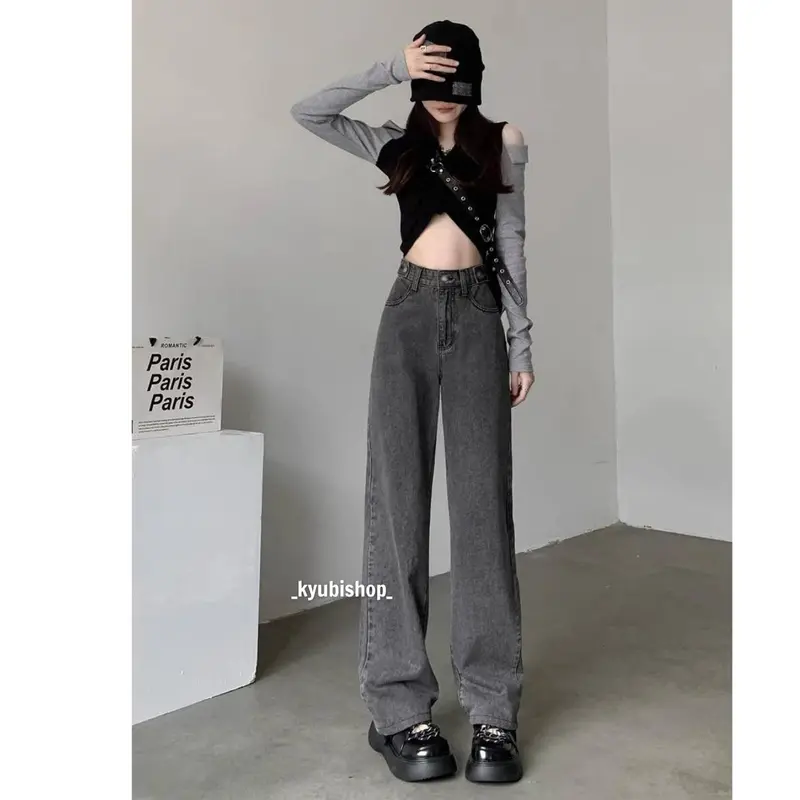 Quần jean nữ ống rộng lưng cao màu Xám Bạc phong cách Retro (Có Bigsize, Nhiều mẫu) - Quần jeans baggy suông Kyubi QJ25 Pants 1