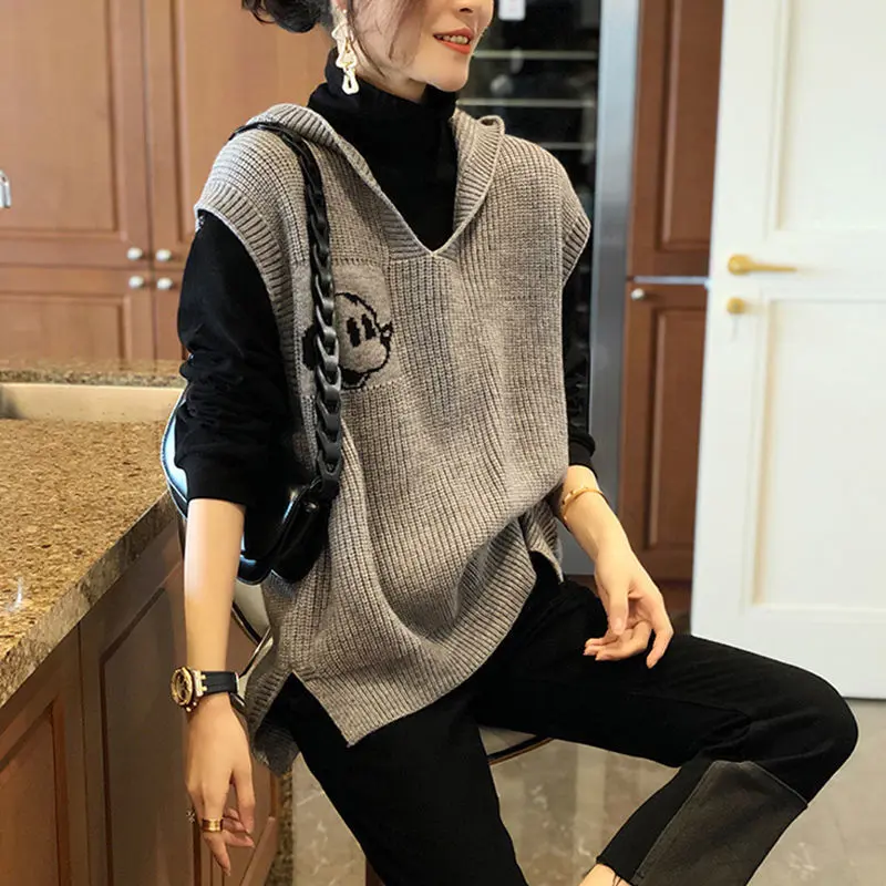 Áo Vest Dệt Kim Có Mũ Trùm Đầu, Thiết Kế Mickey, Dành Cho Nữ, Trạm Châu Âu, Hàng Mới Về Mùa Xuân Và Mùa Thu 2023, Màu Xám, Không Tay, Áo Áo Chui Đầu Áo Len Mặc Bên Ngoài