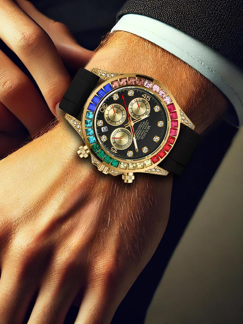 Product Introduction of Men's Business Fashion Rhinestone Decorated Analog Quartz Watch, Fashion Watch for Party, Daily Clothing Decor, Trendy All-match & Exquisite Watch Jewel for Birthday Gift with Box 6