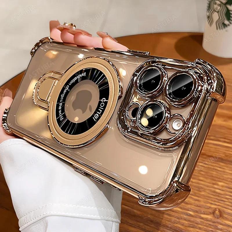 Product Introduction of Shockproof Plating Magnetic Stand Holder Clear Case For iPhone 16 15 14 13 12 11 Pro Max Plus For Magsafe Wireless Charge Cover 13