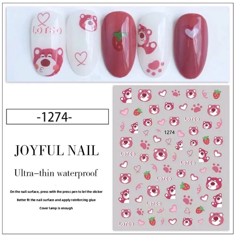 Sticker dán móng trang trí nail mẫu hình gấu dâu , gấu hoạt hình 0