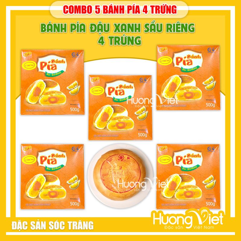 COMBO 5 HỘP Bánh pía 4 trứng đậu xanh sầu riêng Tân Huê Viên 500g, bánh pía Sóc Trăng siêu to, Ăn Vặt