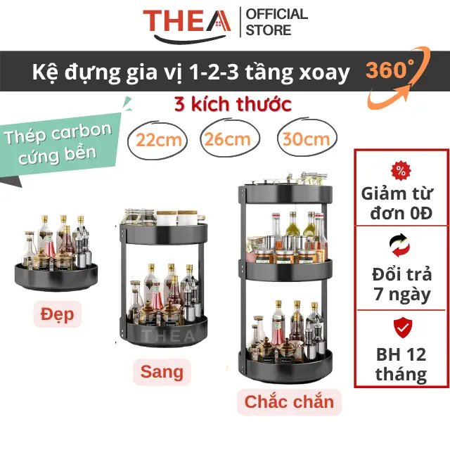 Kệ đựng gia vị tròn nhà bếp 2-3 tầng xoay 360 độ, giá kệ đa năng thông minh để gia vị, mĩ phẩm, để đồ dùng - THEA