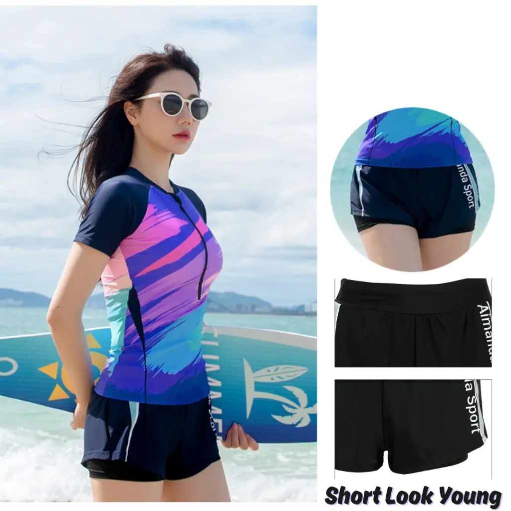 Plus Size 2 Piece Set UV Protection Women's Trousers Short Sleeve Skirt Swimsuit Swimming