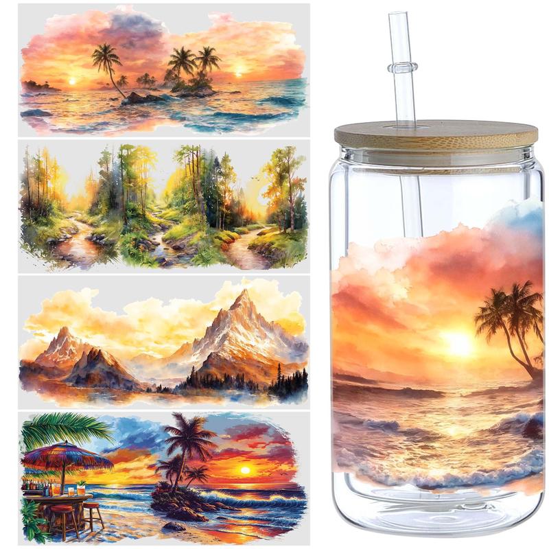 Product Introduction of Summer Sunset Pattern UV DTF Cup Sticker, 5 Counts/set Waterproof UV DTF Sticker, Decorative Sticker for 16oz Glass Cup, DIY, Furniture, Crafts 2