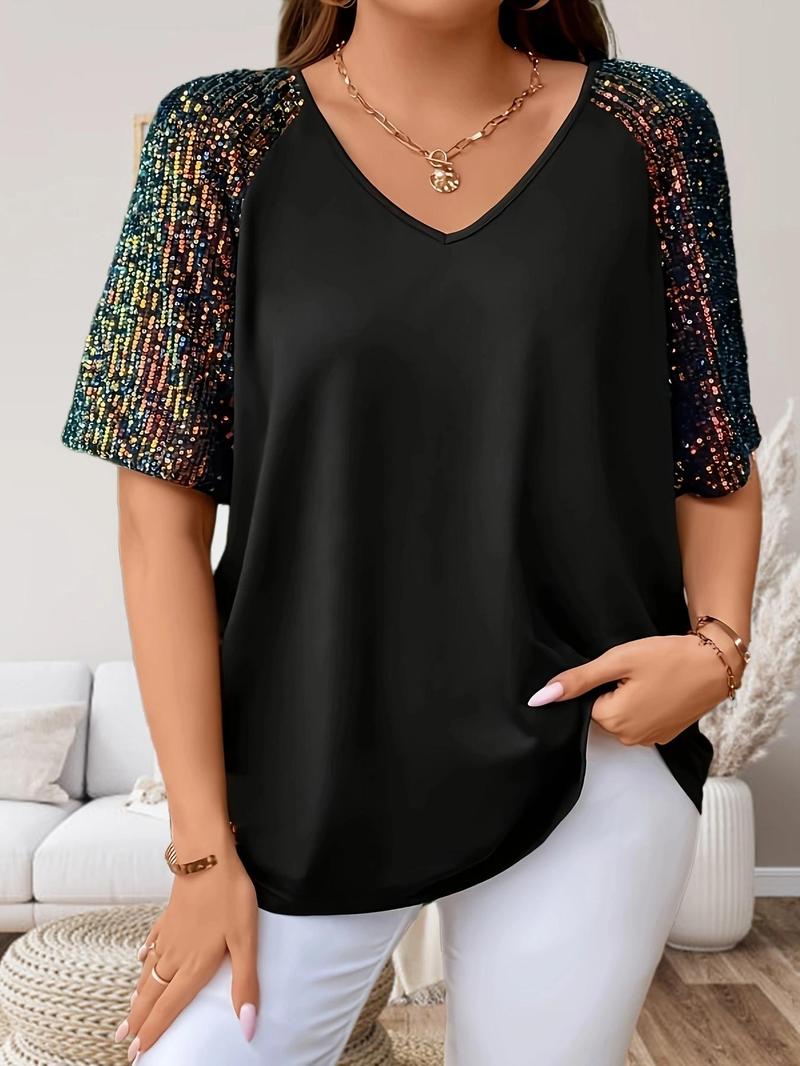 Product Introduction of Plus Contrast Sequin Raglan Sleeve Tee, Summer Clothes Women, Casual V Neck Half Sleeve T-shirt for Summer, Women's Plus Clothing for Daily Wear 1