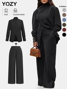 YOZY Valentine's Day Gift for Girl, Two-Piece Set Women's Solid Button Keyhole Neck Top & Elastic Waist Pants, Elegant Fashion Outfits for Daily Outdoor Wear, Women Clothes for Fall & Winter, Fall & Winter Outfits