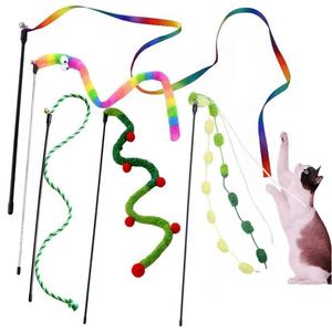 カラフルな猫のティーザーおもちゃセット、5カウント/セットのインタラクティブな猫のティーザーおもちゃ、ペットのインタラクティブなおもちゃ、楽しい屋内猫のおもちゃ、猫のアクセサリー