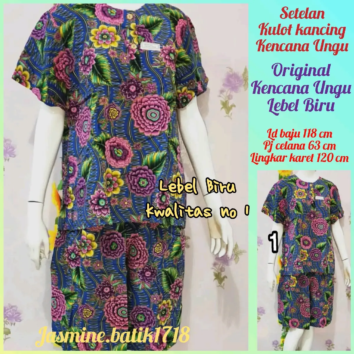 Setelan kulot 75 kancing/busui kencana ungu original lebel biru