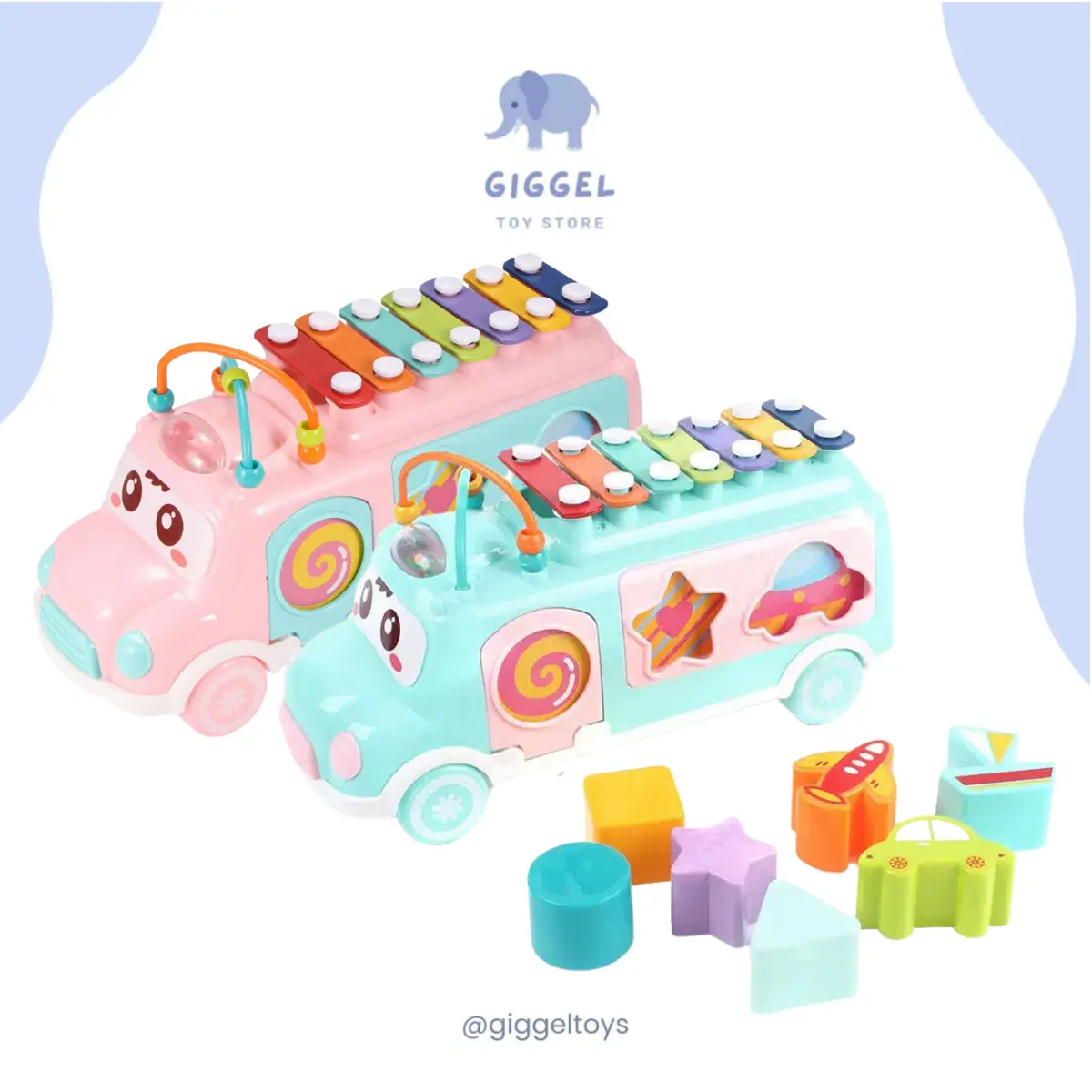 [ Giggel ] Huanger Music Baby Bus Xylophone Toys / Bus Xylophone Mobil 3in1 / Sorting Bentuk dan Alur Kawat / Mainan Anak Edukasi / Mainan Belajar Music