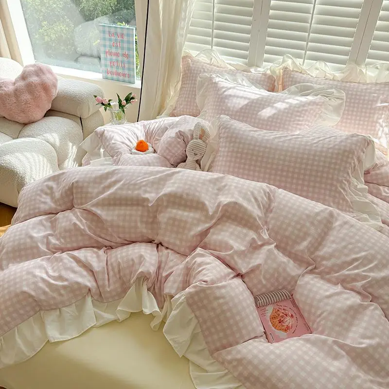 Pink Gingham Pattern Bedding Set, 3 Counts/set Including 1 Count Duvet Cover & 2 Counts Pillowcase without Filler, Soft Comfortable Bedding Set for Home Bedroom, Machine Washable Duvet 4