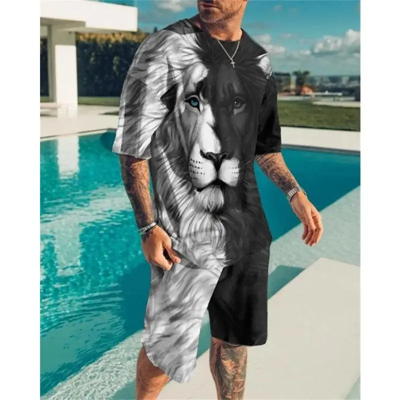 Men's Clothing Set, T-Shirt and Shorts, Streetwear, Two-Piece T-Shirt, 3D Printing, Casual O-Neck Sweatshirt, Plus Size T-Shirt, Suitable for Beach and Summer, New Arrival Sleeve