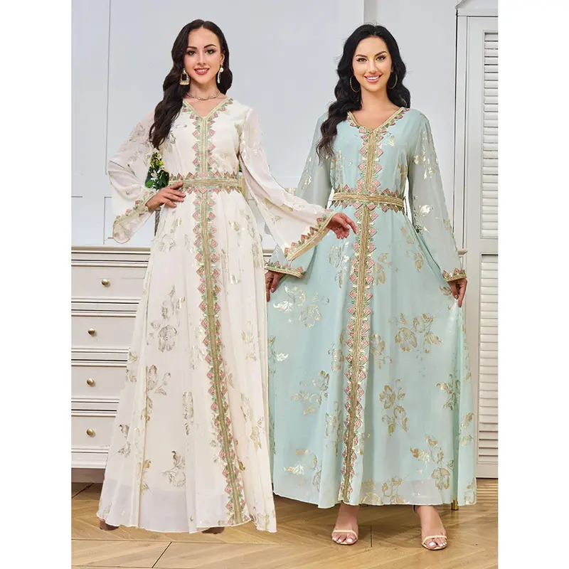 Muslim Robe Women's New Bronzing Embroidery Lace Modern White Dress 0