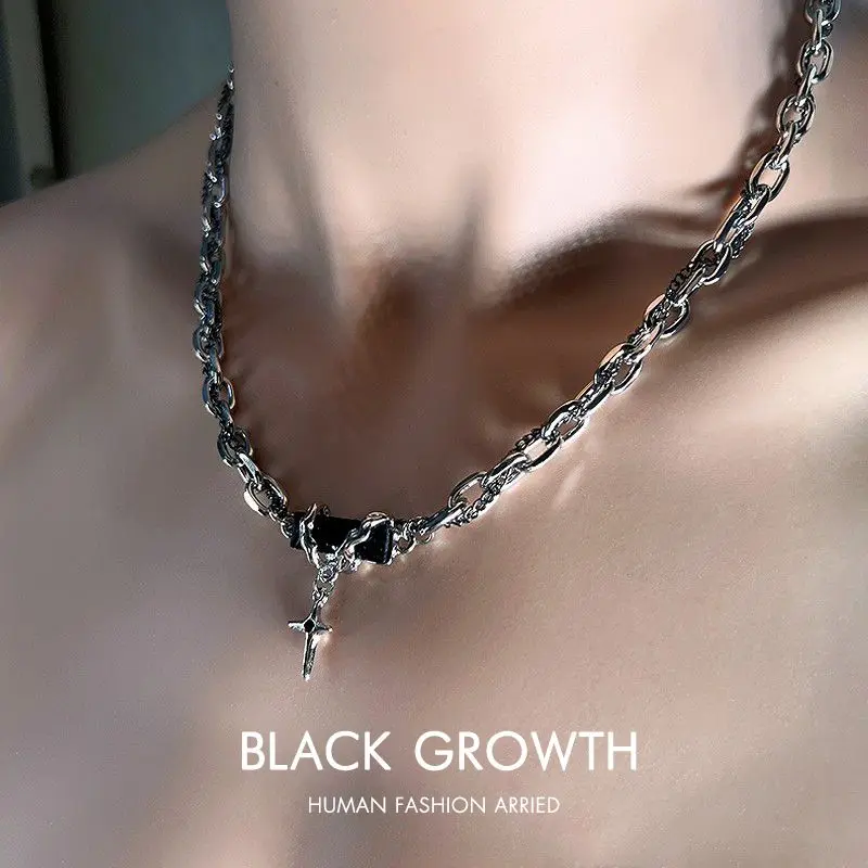 2024 Eight-Pointed Stars Winding Men's Clavicle Chain Ins Dark Niche Hip Hop Fashion Personality All-Match Cold Necklace for Men