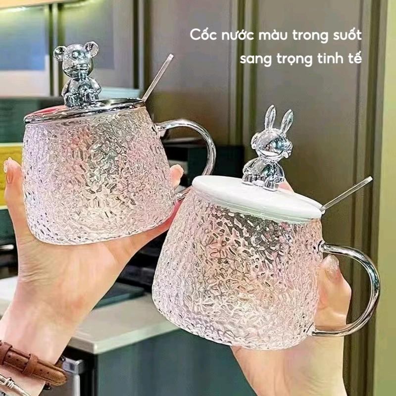  Cốc uống nước thủy tinh nắp gấu 400ML cao cấp kèm thìa khuấy ly  xoay 