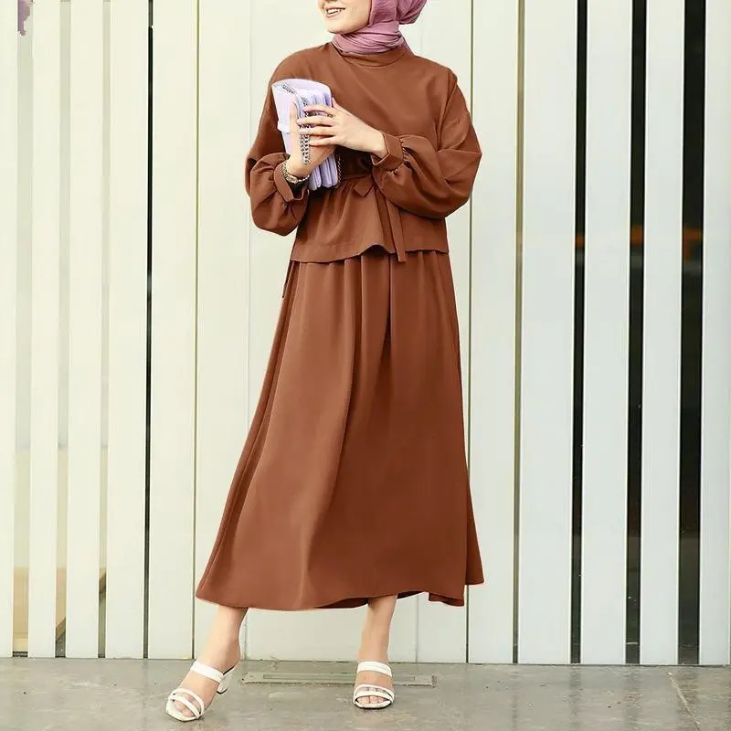 2024 New Beautiful Fashion Solid Color Muslim Turkey Two-Piece Set Lace up Girdle Temperament Commute Suit