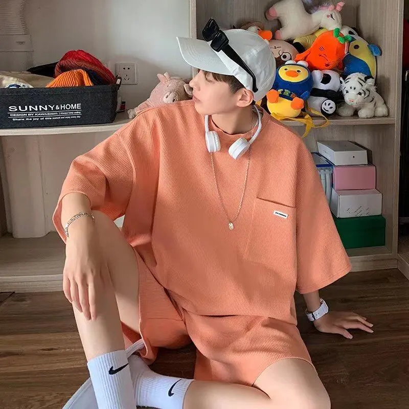 Summer men fashion brand waffle short sleeve T-shirt loose half sleeve straight wide leg casual five-piece sports suit